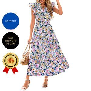 PRETTYGARDEN Women's Summer Floral Midi Dress Cap Sleeve V Neck Ruffle Long Flow